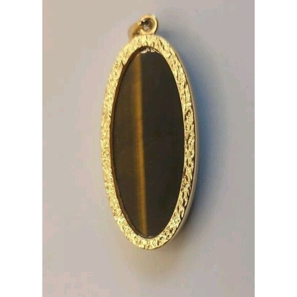 Tiger’s Eye Natural Stone Pendant Handmade Oval Shiny Gold Tone Setting - Picture 7 of 12